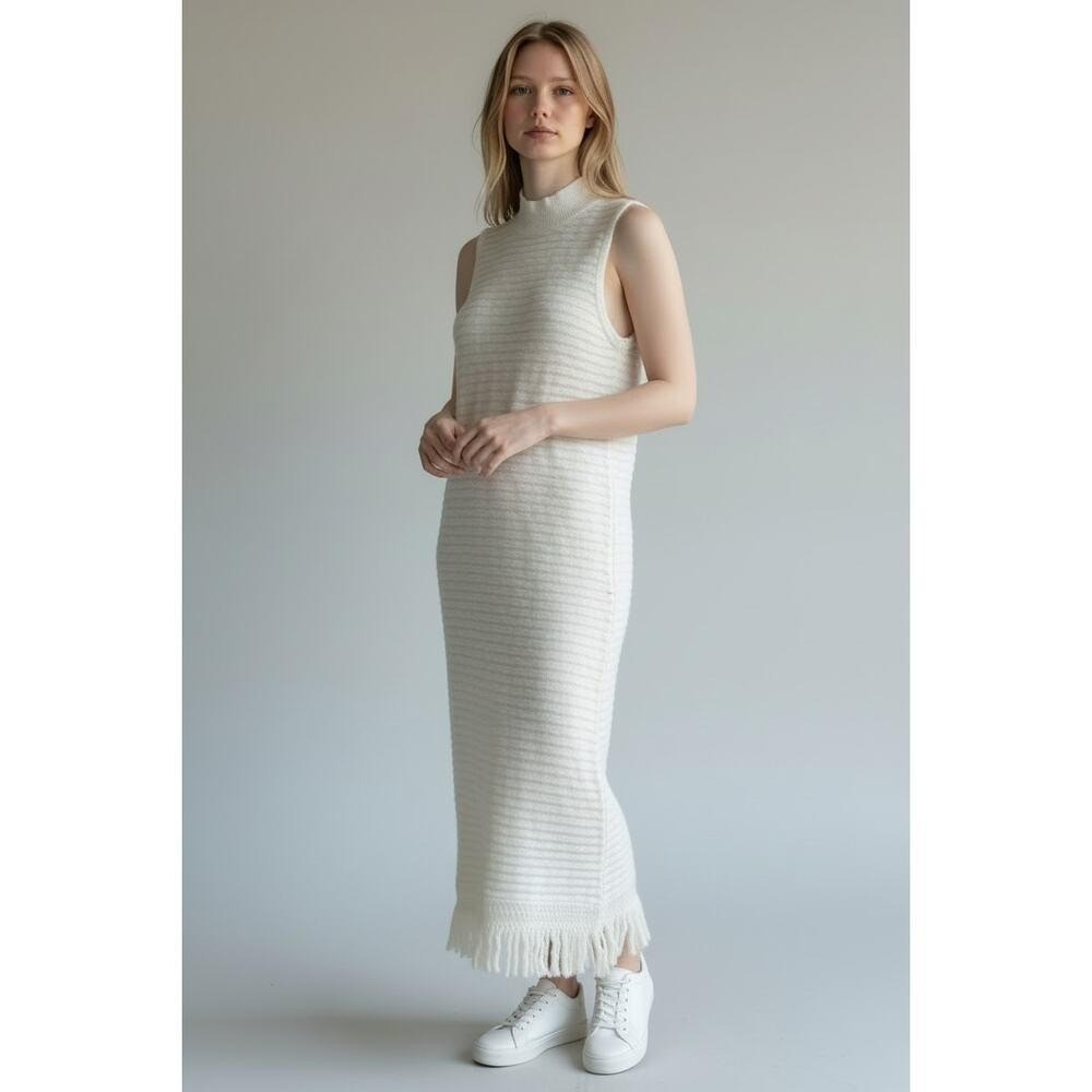 Callahan anthropologie SM maxi cream fringe stripe linen elevated neutral dress